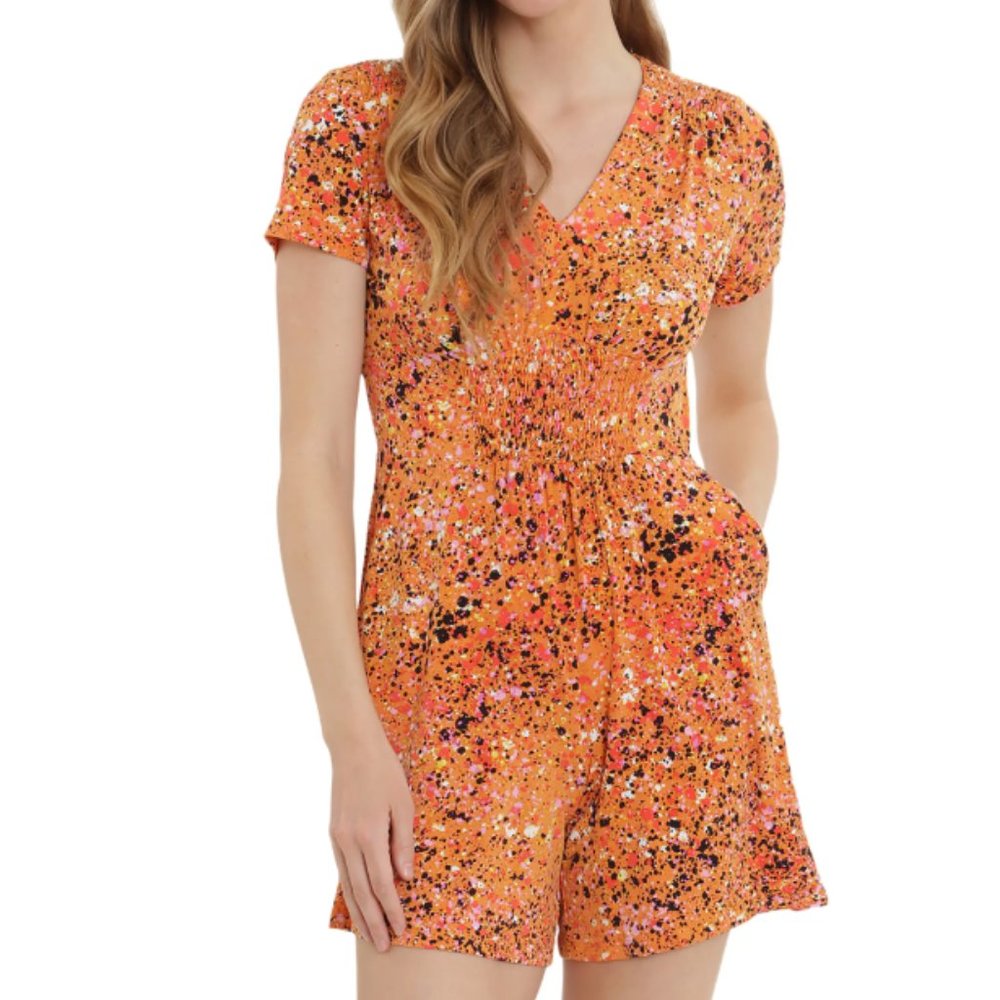 London Times V-Neck Printed Smocked Waist Romper NWT